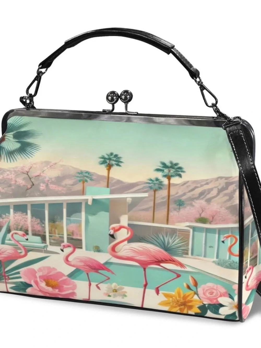 Top-Handle Satchel with Pink Flamingo Scene - Pink & Mint